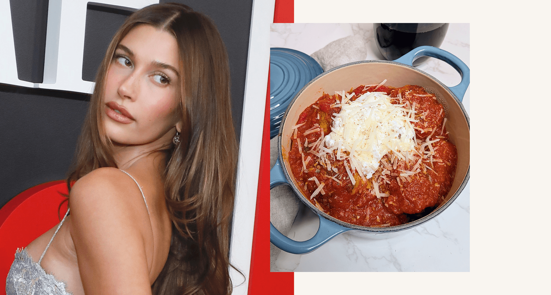 hailey bieber and chicken meatballs in a le creuset pan