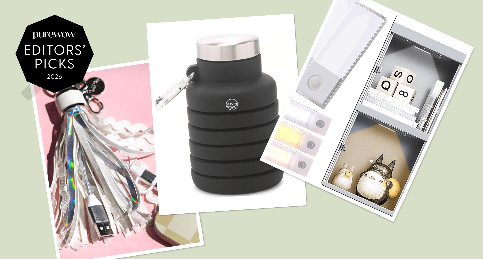 editor's picks keychain, lights and water bottle